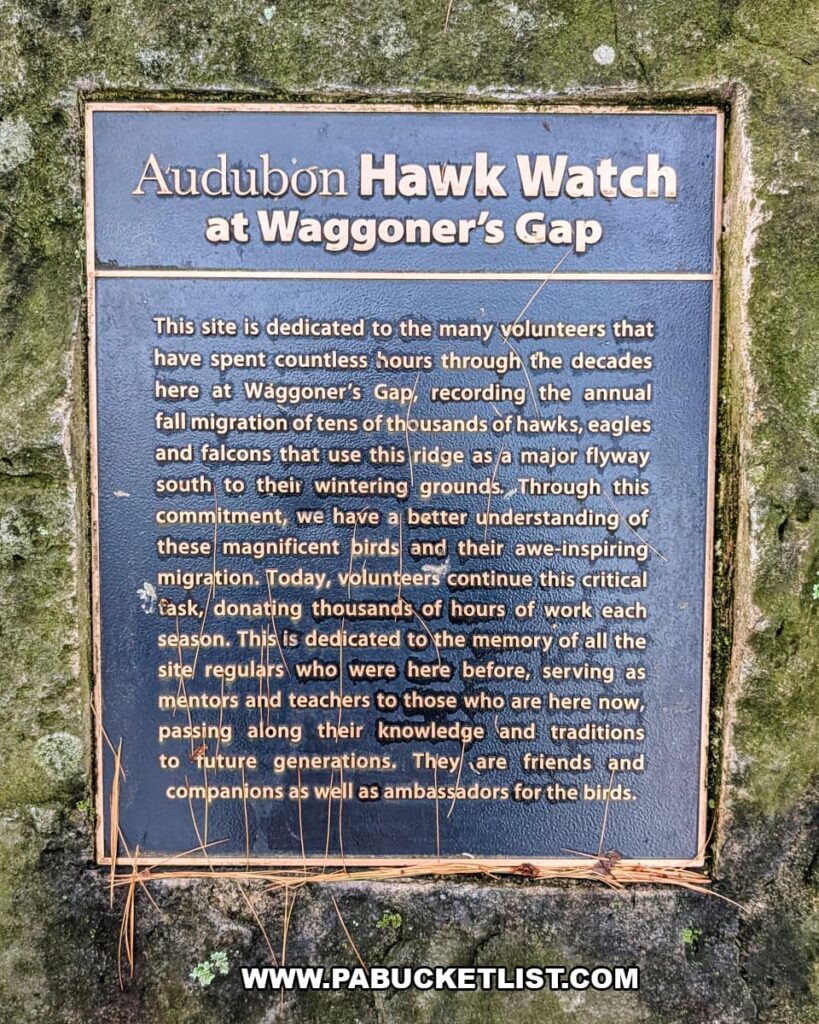 audubon hawk watch dedication plaque at waggoners gap in perry county pennsylvania honoring volunteers who track fall raptor migration