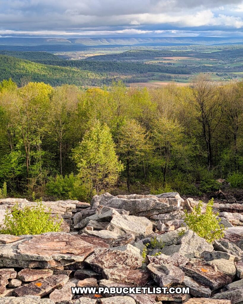 rocky overlook at waggoners gap hawk watch in perry county pennsylvania with spring forest and distant farmland stretching toward mountain ridges