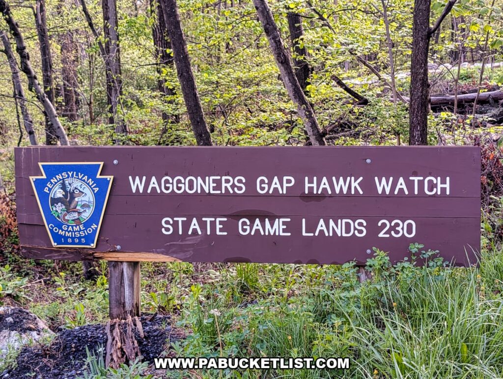 wooden entrance sign for waggoners gap hawk watch on state game lands 230 in perry county pennsylvania surrounded by forest